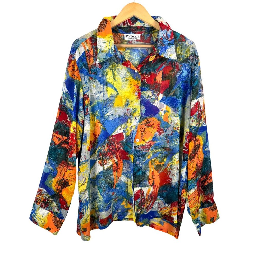 VTG Potpourri sheer‎ artsy vibrant print button shirt beach sz L/XL